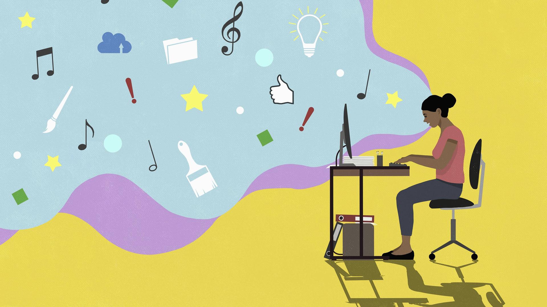 Eine Frau sitzt am Schreibtisch: Aus ihrem Computer-Screen entweicht eine Wolke, in der sich Sterne, Musiknoten und weitere Emojis befinden. Eine Frau sitzt am Schreibtisch: Aus ihrem Computer-Screen entweicht eine Wolke, in der sich Sterne, Musiknoten und weitere Emojis befinden.