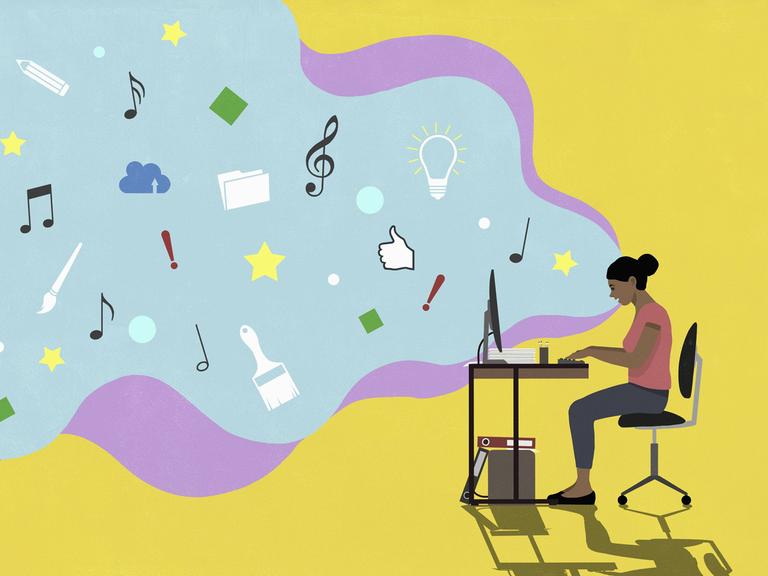 Eine Frau sitzt am Schreibtisch: Aus ihrem Computer-Screen entweicht eine Wolke, in der sich Sterne, Musiknoten und weitere Emojis befinden.