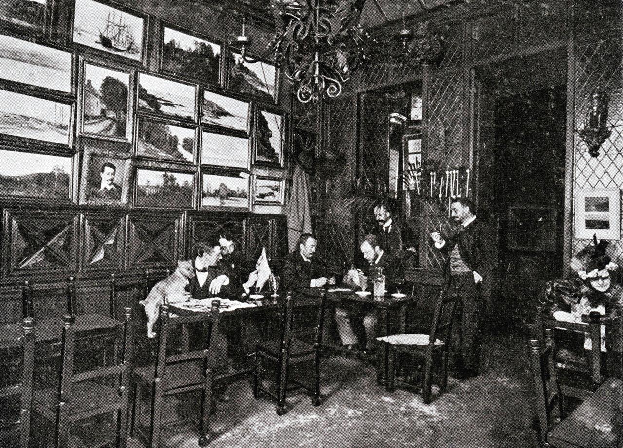 Ein Zeitungsfoto vom Intérieur des "Le Chat Noir", 1896. Ein Zeitungsfoto vom Intérieur des "Le Chat Noir", 1896.