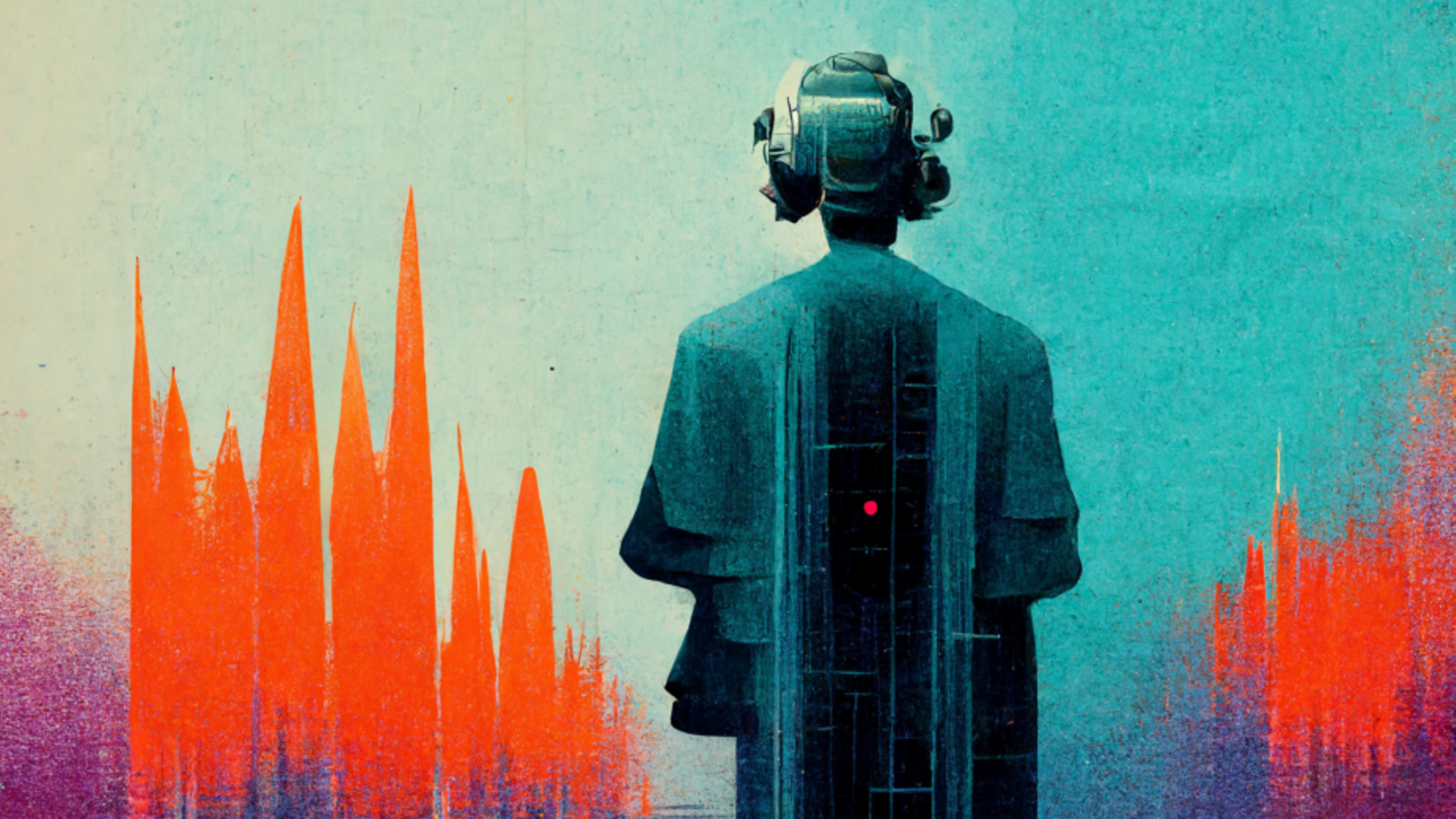 Von einer KI erstellte Illustration einer menschlichen Gestalt mit einer Art Kopfhörern, die von hinten zu sehen ist. Um sie herum farbige Flächen und Muster, die an Waveforms erinnern. Von einer KI erstellte Illustration einer menschlichen Gestalt mit einer Art Kopfhörern, die von hinten zu sehen ist. Um sie herum farbige Flächen und Muster, die an Waveforms erinnern.