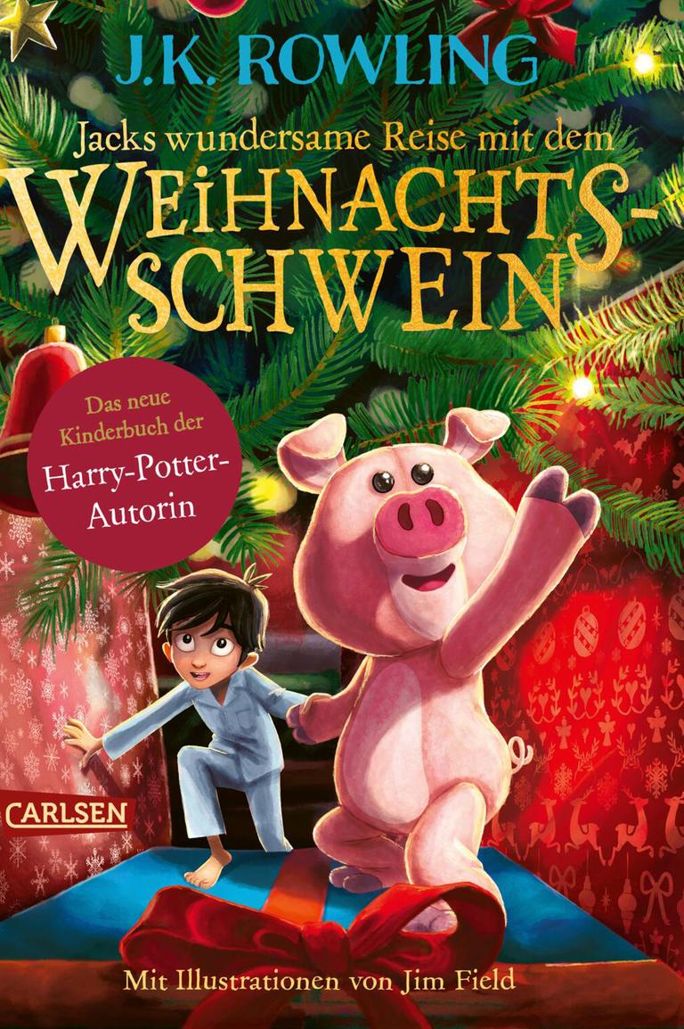 Das illustrierte Cover des Buches "Jacks wundersame Reise mit dem Weihnachtsschwein" von J.K Rowling. Das illustrierte Cover des Buches "Jacks wundersame Reise mit dem Weihnachtsschwein" von J.K Rowling.