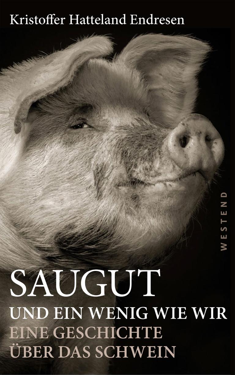 Das Cover des Buchs “Saugut und ein wenig wie wir” von Hatteland Endresen. Ein Schwein im Profil in einer Schwarzweißaufnahme. Außerdem steht der Name des Autors auf dem Cover.