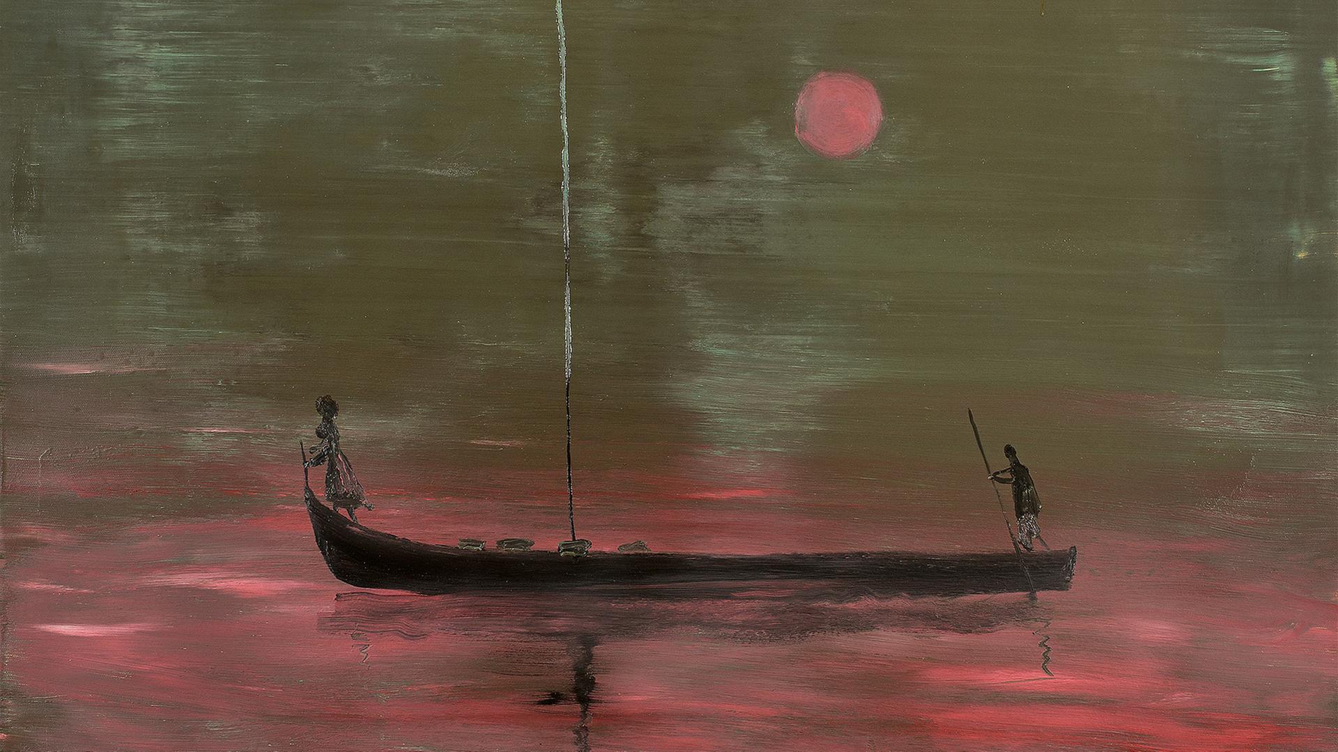 "Purple Haze" von Norbert Schwontkowski. Ein dunkles Gemälde mit einem roten Fluß auf dem ein schwarzes Boot mit zwei Passagieren zu sehen ist. "Purple Haze" von Norbert Schwontkowski. Ein dunkles Gemälde mit einem roten Fluß auf dem ein schwarzes Boot mit zwei Passagieren zu sehen ist.