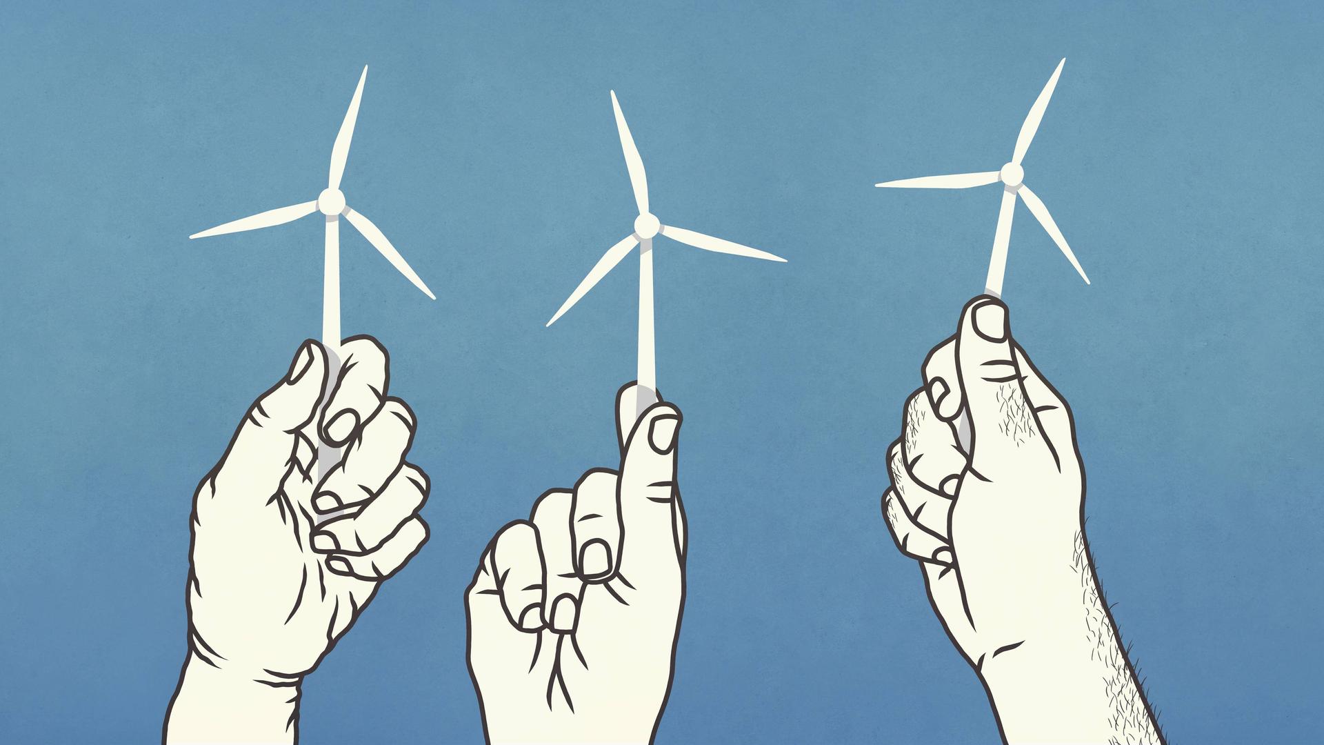 Illustration: Drei Hände halten kleine Windräder. Illustration: Drei Hände halten kleine Windräder.