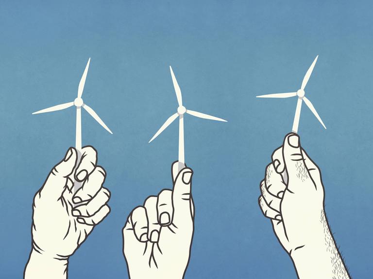 Illustration: Drei Hände halten kleine Windräder.