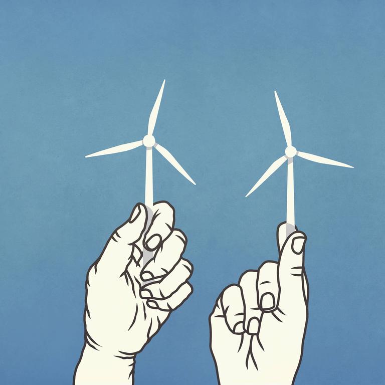 Illustration: Drei Hände halten kleine Windräder. Illustration: Drei Hände halten kleine Windräder.