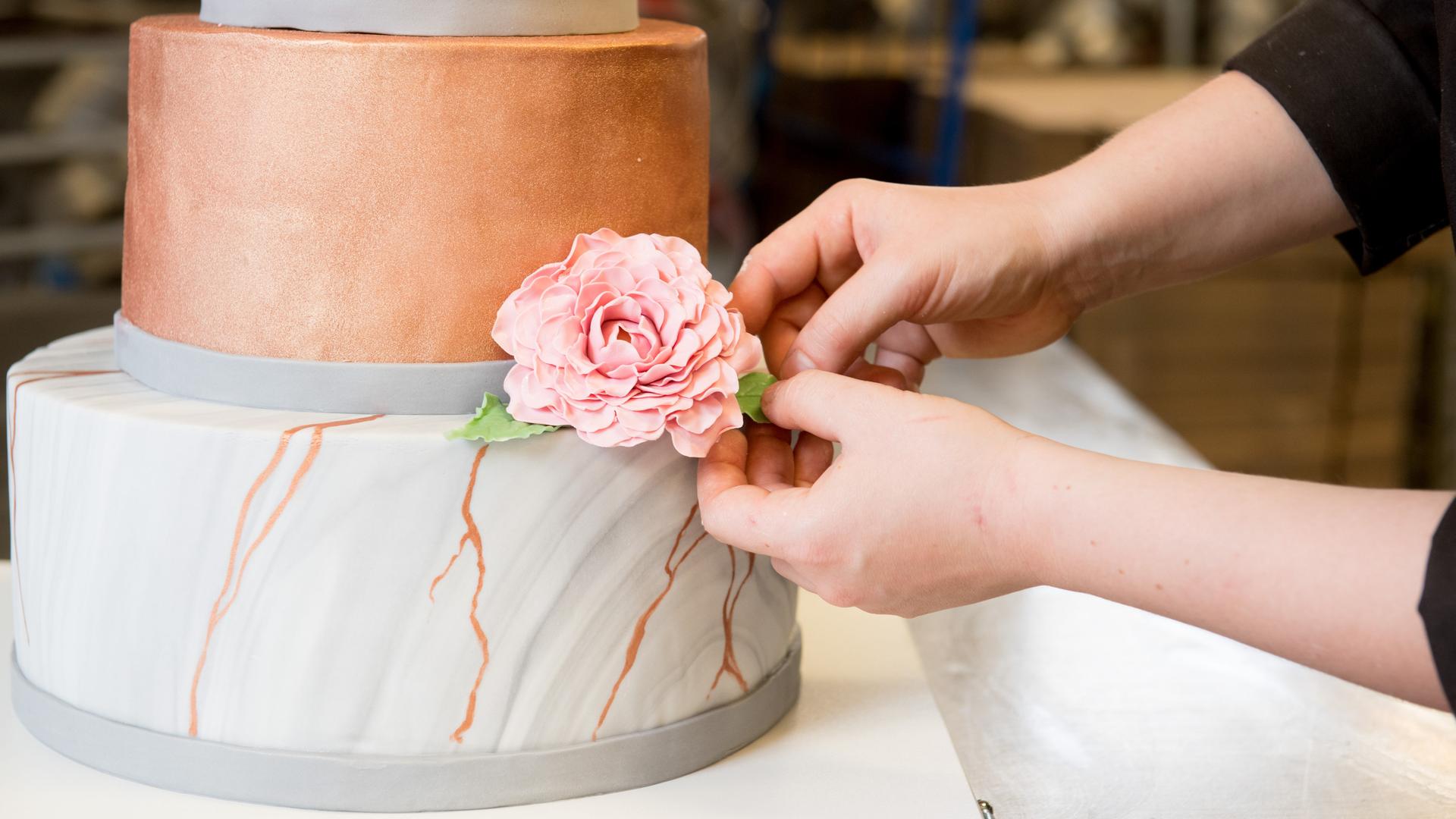 Eine angehende Konditorin dekoriert eine Hochzeitstorte mit Rosenblaettern aus Modelierschokolade. Eine angehende Konditorin dekoriert eine Hochzeitstorte mit Rosenblaettern aus Modelierschokolade.
