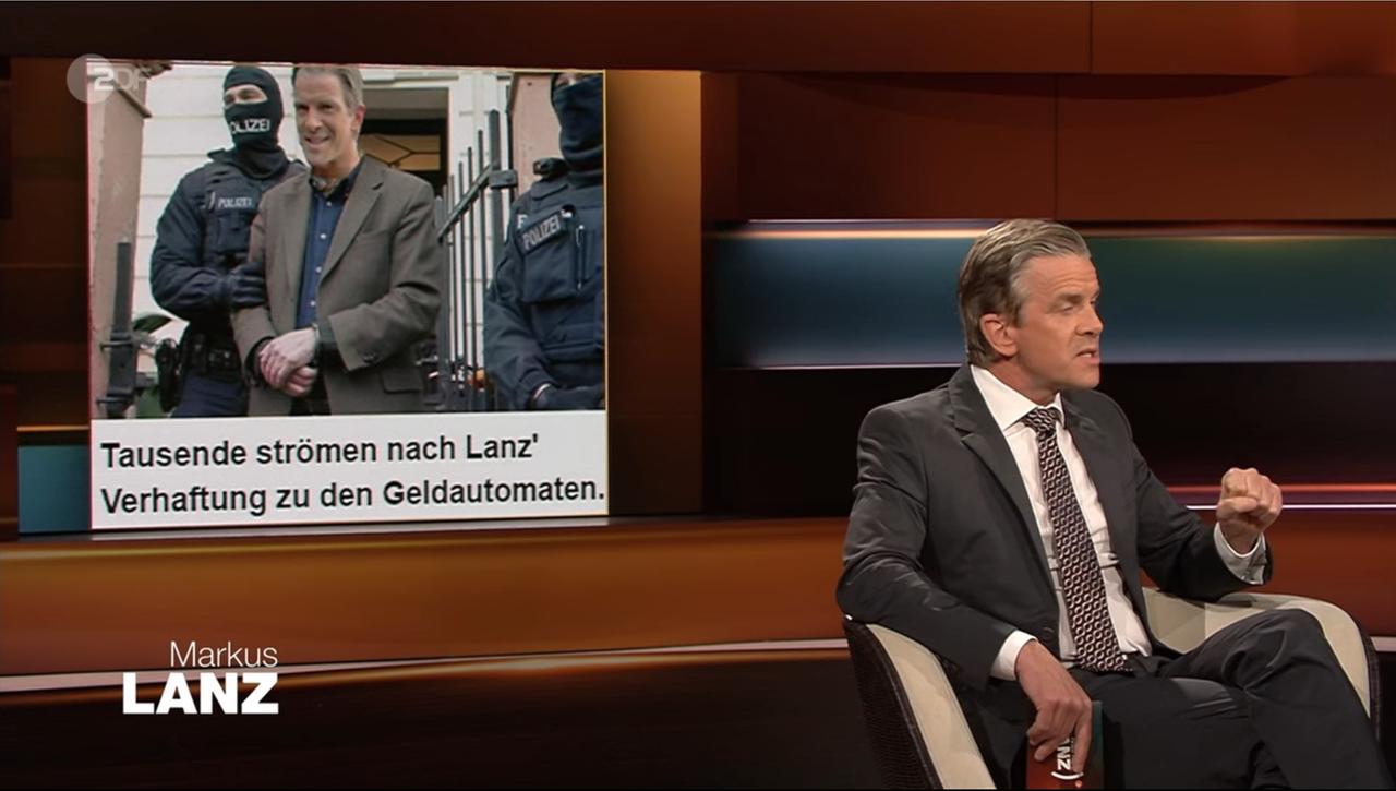 Am 04.04.2023 zeigt ZDF-Moderator Markus Lanz in seiner gleichnamigen Talkshow den Screenshot einer Online-Anzeige mit einem gefälschten Foto seiner vermeintlichen Verhaftung.