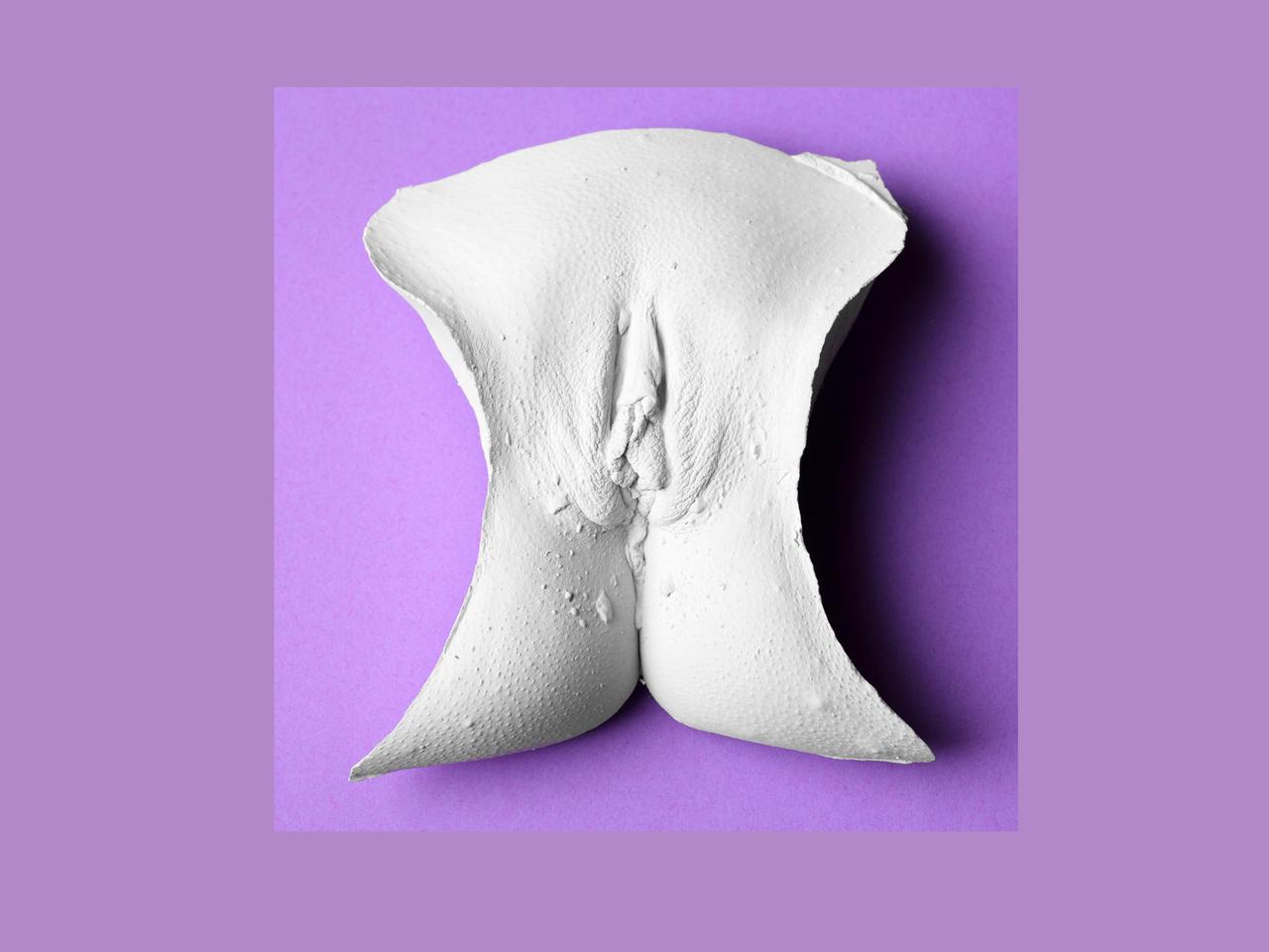 Die Abformung einer Vulva auf einem lila Hintergrund.