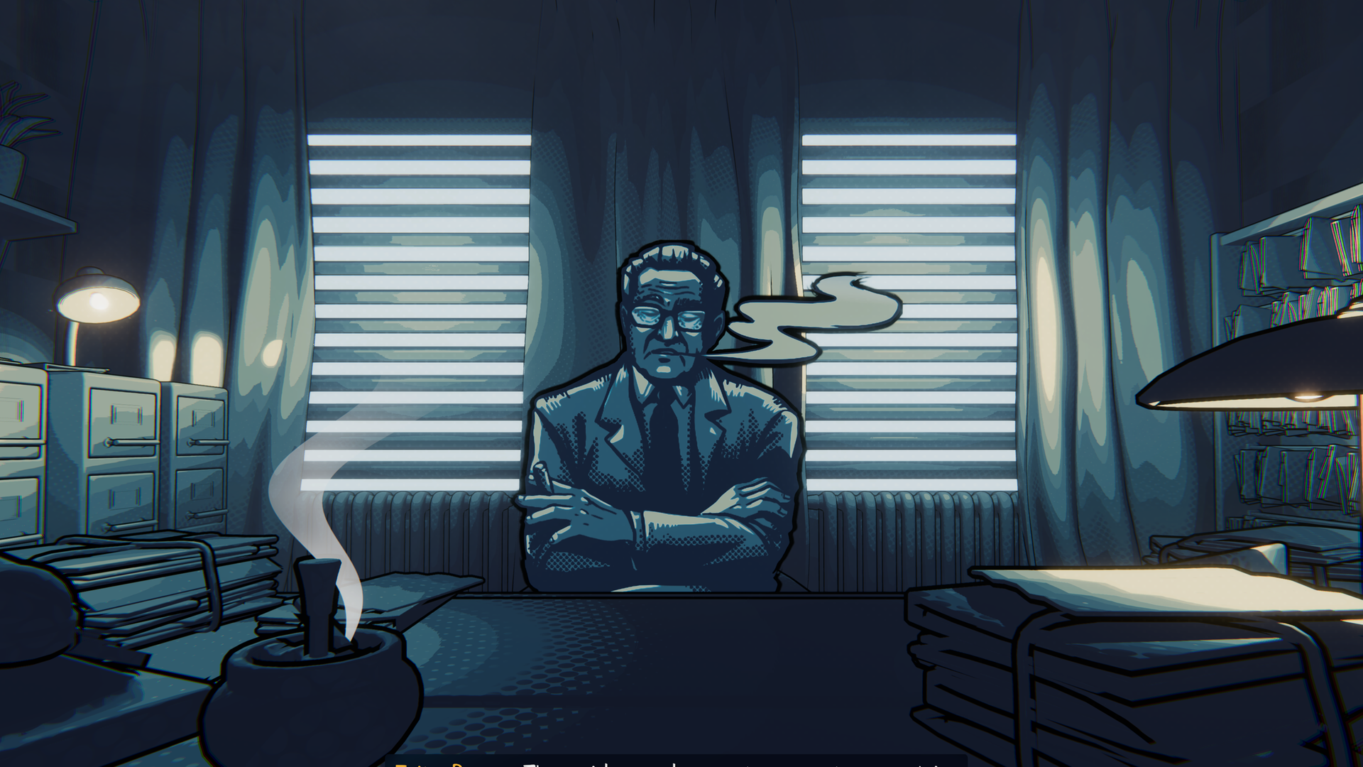 Screenshot aus dem Adventure Game "The Darkest Files". Generalstaatsanwalt Fritz Bauer sitzt am Schreibtisch. Screenshot aus dem Adventure Game "The Darkest Files". Generalstaatsanwalt Fritz Bauer sitzt am Schreibtisch.