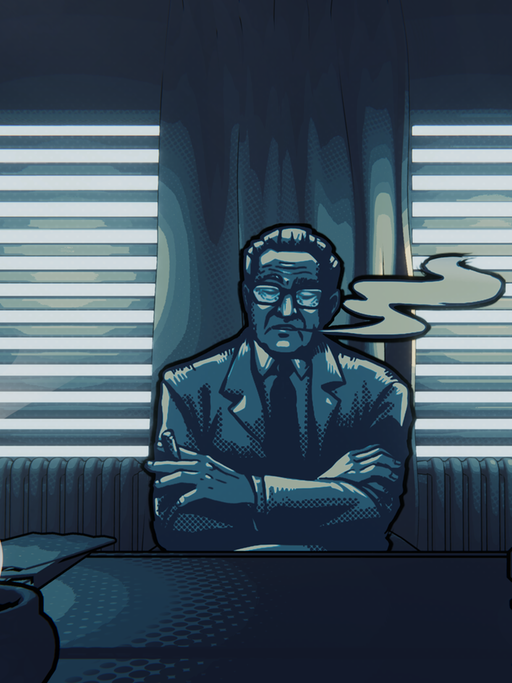 Screenshot aus dem Adventure Game "The Darkest Files". Generalstaatsanwalt Fritz Bauer sitzt am Schreibtisch.