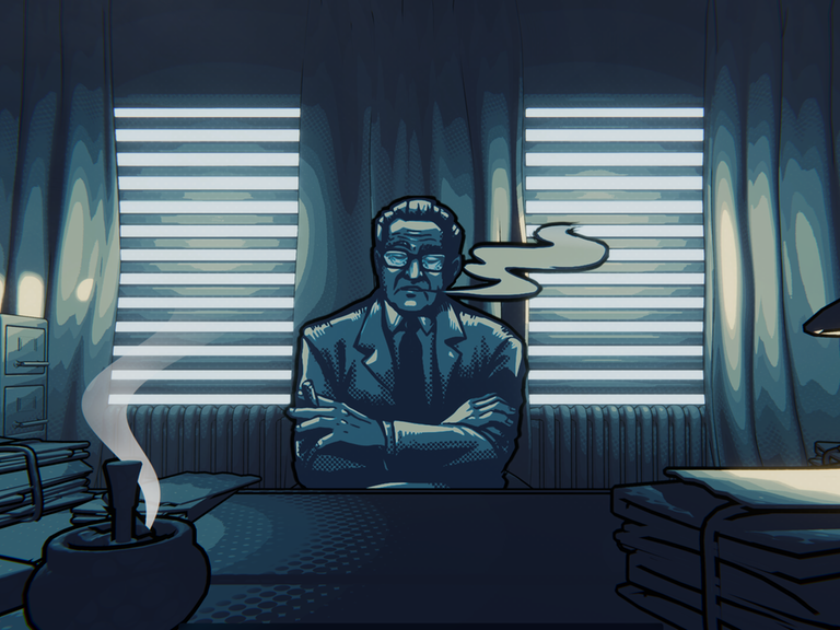 Screenshot aus dem Adventure Game "The Darkest Files". Generalstaatsanwalt Fritz Bauer sitzt am Schreibtisch.