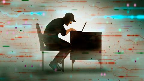 Illustration: Ein Person sitzt vor ihrem Laptop an einem Schreibtisch.