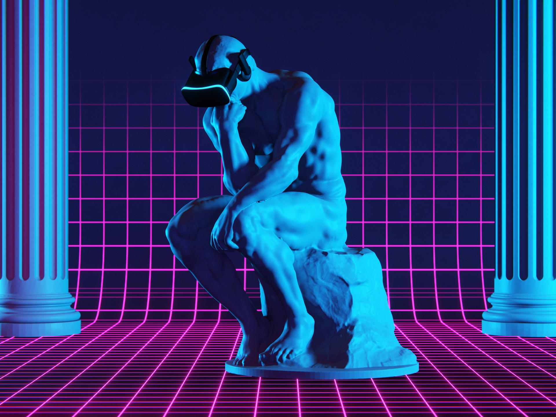 Illustration bzw. 3D-Rendering: Die bekannte Denker-Statue von Rodin trägt ein virtuelles Headset in einer digital anmutenden Umgebung. 