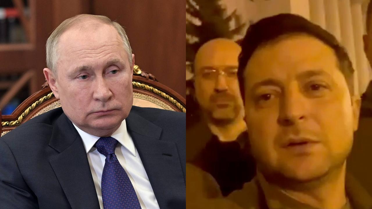 Collage aus zwei Bildern nebeneinandergestellt. Links Wladimir Putin im opulenten Sessel auf einem Foto vom 1.3.2022 im Kreml. Rechts gegenübergestellt ein Screenshot aus einer Videobotschaft von Wolodimir Selenski. Collage aus zwei Bildern nebeneinandergestellt. Links Wladimir Putin im opulenten Sessel auf einem Foto vom 1.3.2022 im Kreml. Rechts gegenübergestellt ein Screenshot aus einer Videobotschaft von Wolodimir Selenski.