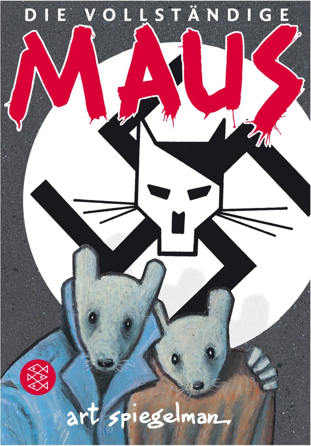 Das Cover des Buches "Maus" von Art Spiegelman. Vor einem Hakenkreuz mit Hitler-Visage stehen bekümmert zwei Mäuse und schauen den Betrachter an. 