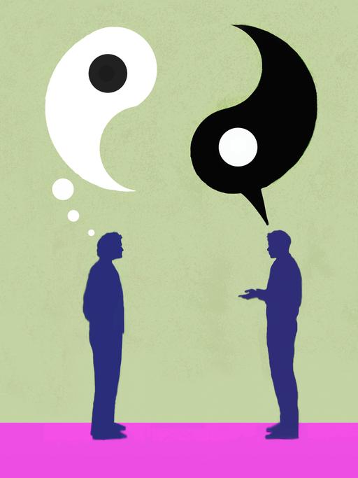 Illustration zweier Männer im Gespräch mit Yin- und Yang-Sprech- und Gedankenblasen