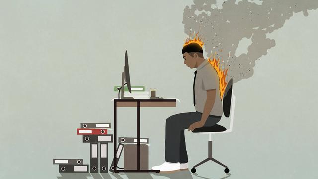Illustration einer Person vor einem Schreibtisch mit vielen Aktenordnern. Der Rücken der Person brennt.