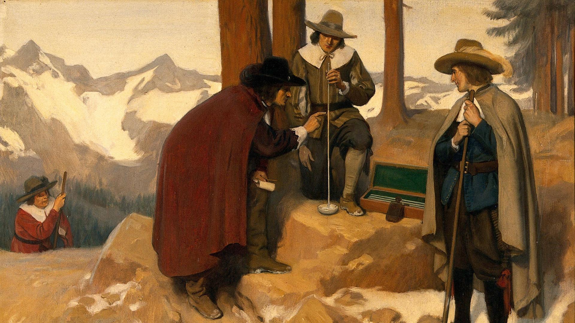Die Entdeckung des Barometers im Jahr 1643: Torricelli experimentiert in den Alpen, zu sehen auf einem Ölgemälde von Ernest Board Die Entdeckung des Barometers im Jahr 1643: Torricelli experimentiert in den Alpen, zu sehen auf einem Ölgemälde von Ernest Board