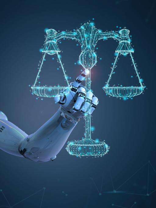 Ein 3D-Rendering zeigt einen Roboter neben einer Waage als Sympol für das Rechtssystem.