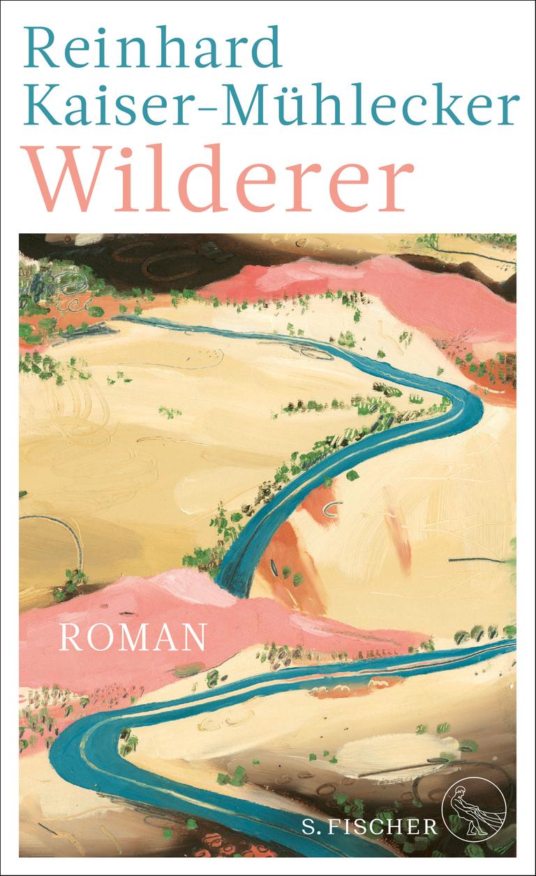 Das Buchcover von Reinhard Kaiser-Mühleckers Roman "Wilderer" zeigt eine blaue Straße, die sich durch eine hügelige Landschaft windet.