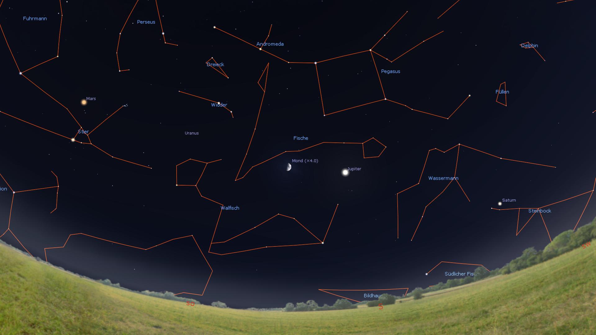 Der Mond ist derzeit halb beleuchtet und steht heute Nacht zwischen den Planeten Jupiter und Mars. Der Mond ist derzeit halb beleuchtet und steht heute Nacht zwischen den Planeten Jupiter und Mars.