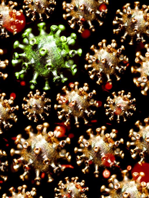 Grüner Coronavirus umgeben von roten Coronaviren, Symbolfoto Omikron-Subtyp BA.2