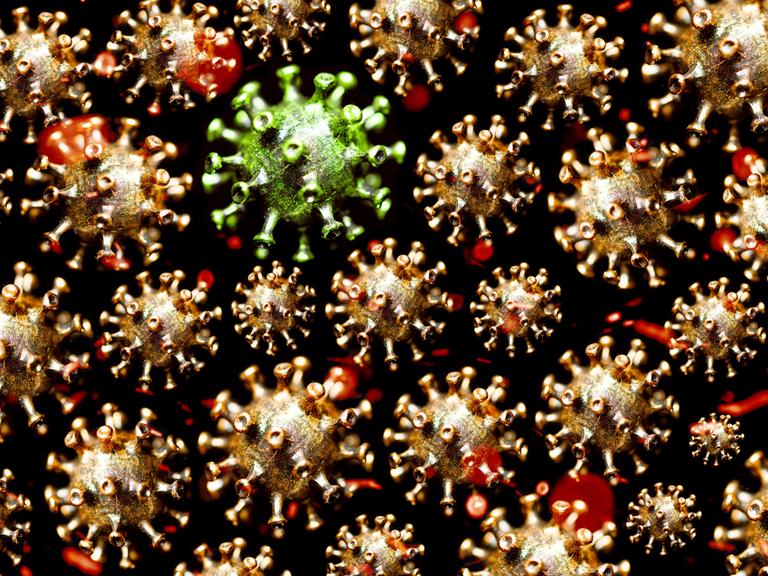 Grüner Coronavirus umgeben von roten Coronaviren, Symbolfoto Omikron-Subtyp BA.2