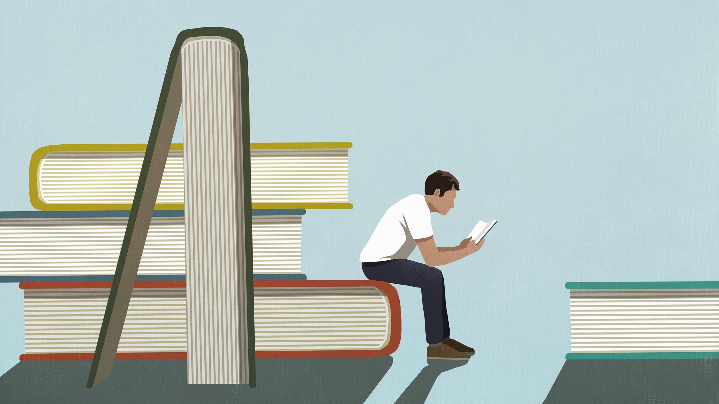 Illustration: Ein Mann sitzt auf einem überdimensionalen Buchrückenn, a...</p>

                        <a href=