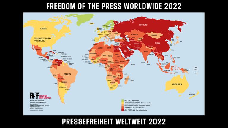Weltkarte der Pressefreiheit 2022 Weltkarte der Pressefreiheit 2022