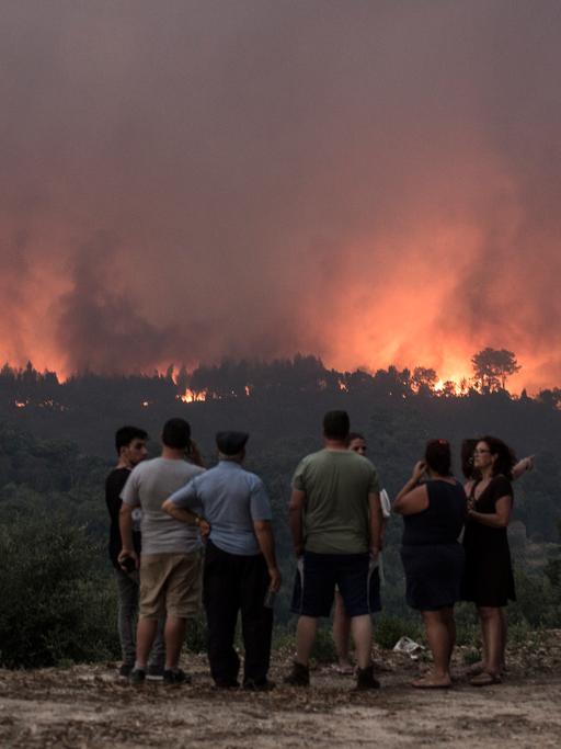 Menschen in Portugal beobachten aus der Ferne einen Waldbrand.