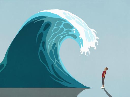 Illustration eines Mannes, auf den eine riesige Welle zurollt.