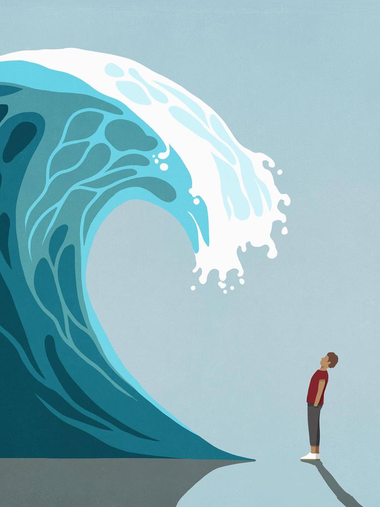 Illustration eines Mannes, auf den eine riesige Welle zurollt.