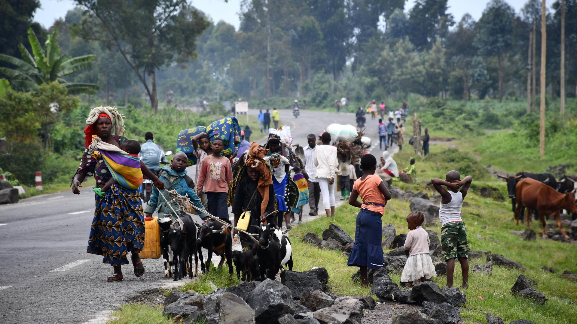 Familien auf der Flucht gehen auf einer Straße in der Demokratischen Republik Kongo und tragen ihr Hab und Gut bei sich.