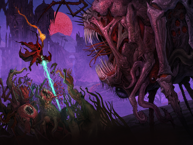Eine Spielfigur mit roter Robe schwebt über Monstermäulern, in der sie einen Laserstrahl hineinschießt, während von rechts ein riesiges Monster ankommt.