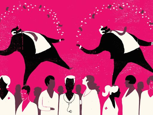 Illustration: Geschäftsmänner jonglieren mit Geld über ÄrztInnen, Krankenschwestern und PflegerInnen.