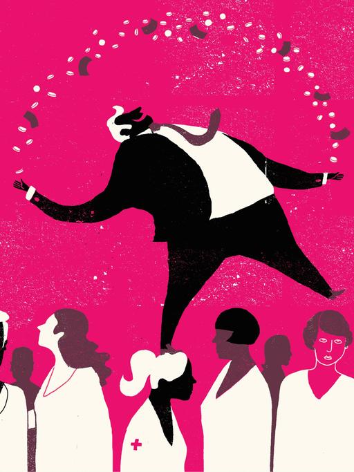 Illustration: Geschäftsmänner jonglieren mit Geld über ÄrztInnen, Krankenschwestern und PflegerInnen.