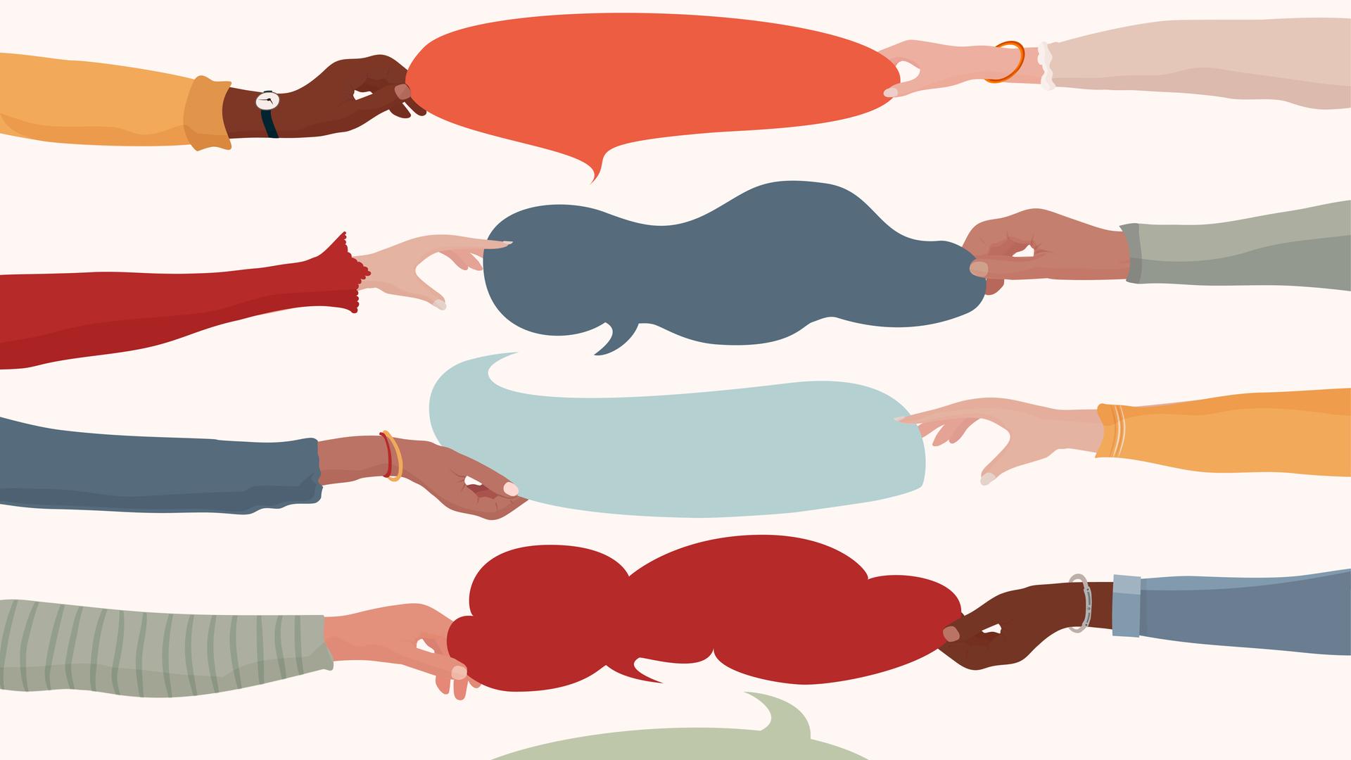 Illustration: Arme und Hände diverser Menschen halten Sprechblasen in unterschiedlichen Farben. Illustration: Arme und Hände diverser Menschen halten Sprechblasen in unterschiedlichen Farben.