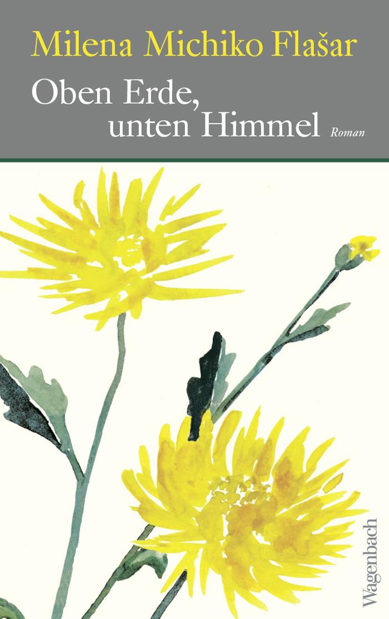 Cover des Romans "Oben Erde, unten Himmel": Es zeigt gemalte Blumen mit gelben Blüten vor einem cremefarbenen Hintergrund. Cover des Romans "Oben Erde, unten Himmel": Es zeigt gemalte Blumen mit gelben Blüten vor einem cremefarbenen Hintergrund.