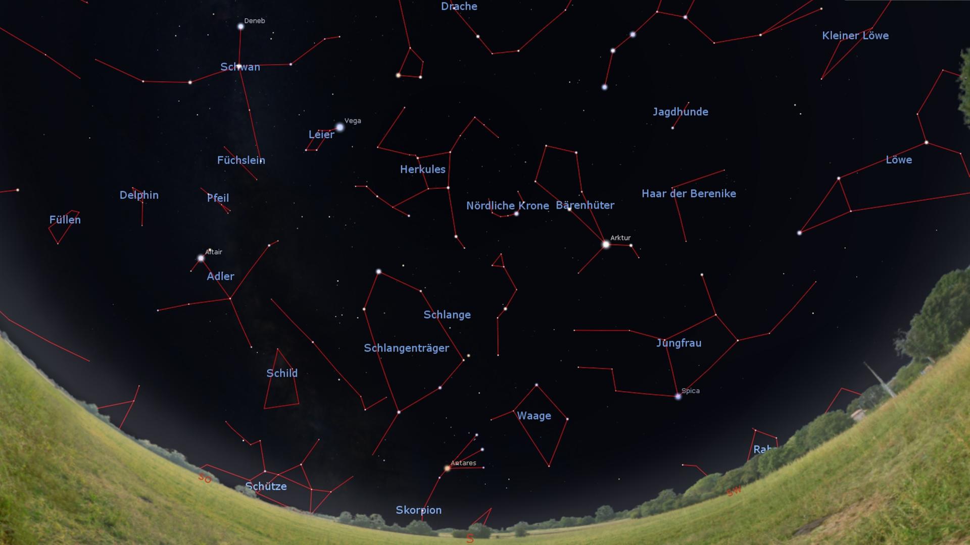 Der Anblick des südlichen Sternenhimmels 01.Juni 2023 gegen ein  Uhr, am 15. um Mitternacht und zu Monatsende gegen 23 Uhr MESZ.