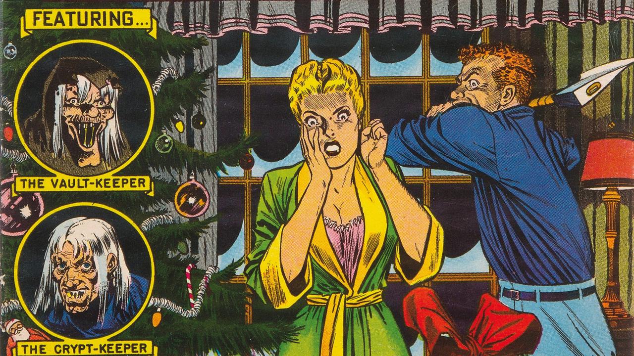 Das Cover einer Ausgabe des Comic-Heftes "Vault of Horror" zeigt eine Frau, die erschrocken erkennt, dass unter ihrem Weihnachtsbaum ein Sarg steht. Hinter ihr steht ein Mann, der mit einem Spaten ausholt, um sie niederzuschlagen. Das Cover einer Ausgabe des Comic-Heftes "Vault of Horror" zeigt eine Frau, die erschrocken erkennt, dass unter ihrem Weihnachtsbaum ein Sarg steht. Hinter ihr steht ein Mann, der mit einem Spaten ausholt, um sie niederzuschlagen.