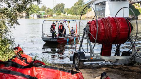 Polen, Stettin: Feuerwehrleute errichten einen flexiblen Damm zum Auffangen toter Fische in der Oder im Bezirk Dziewoklicz in Stettin.