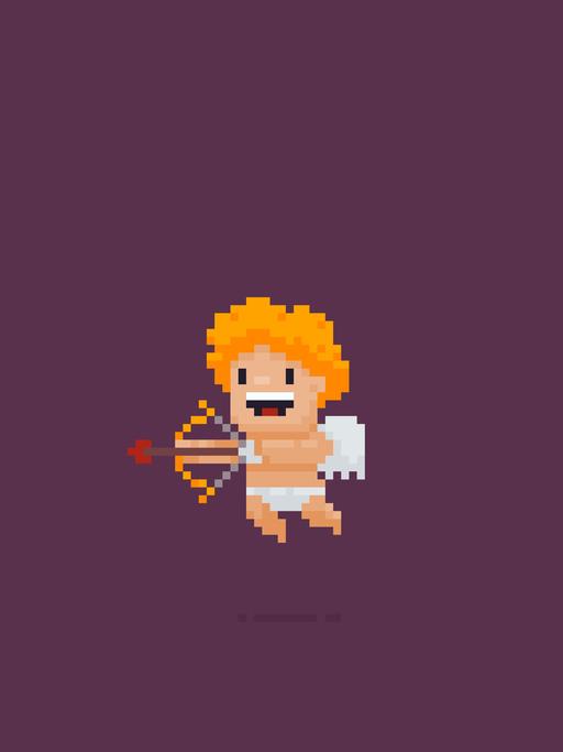 Pixel-Art-Darstellung von Amor als kleinem Jungen mit Pfeil und Bogen.
