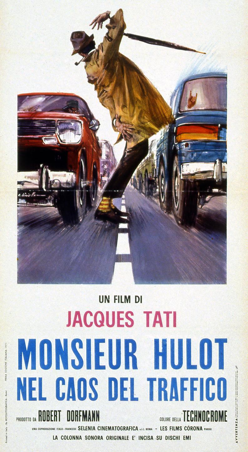Italienisches Filmplakat von Jacques Tati: "Monsieur Hulot nel caos del traffico", 1971.