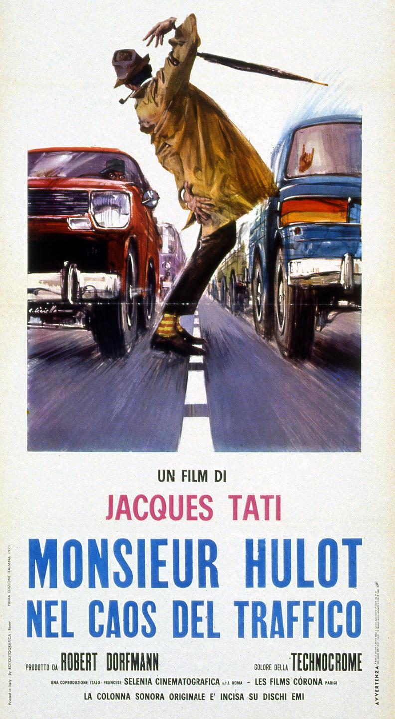 Italienisches Filmplakat von Jacques Tati: "Monsieur Hulot nel caos del traffico", 1971. Italienisches Filmplakat von Jacques Tati: "Monsieur Hulot nel caos del traffico", 1971.