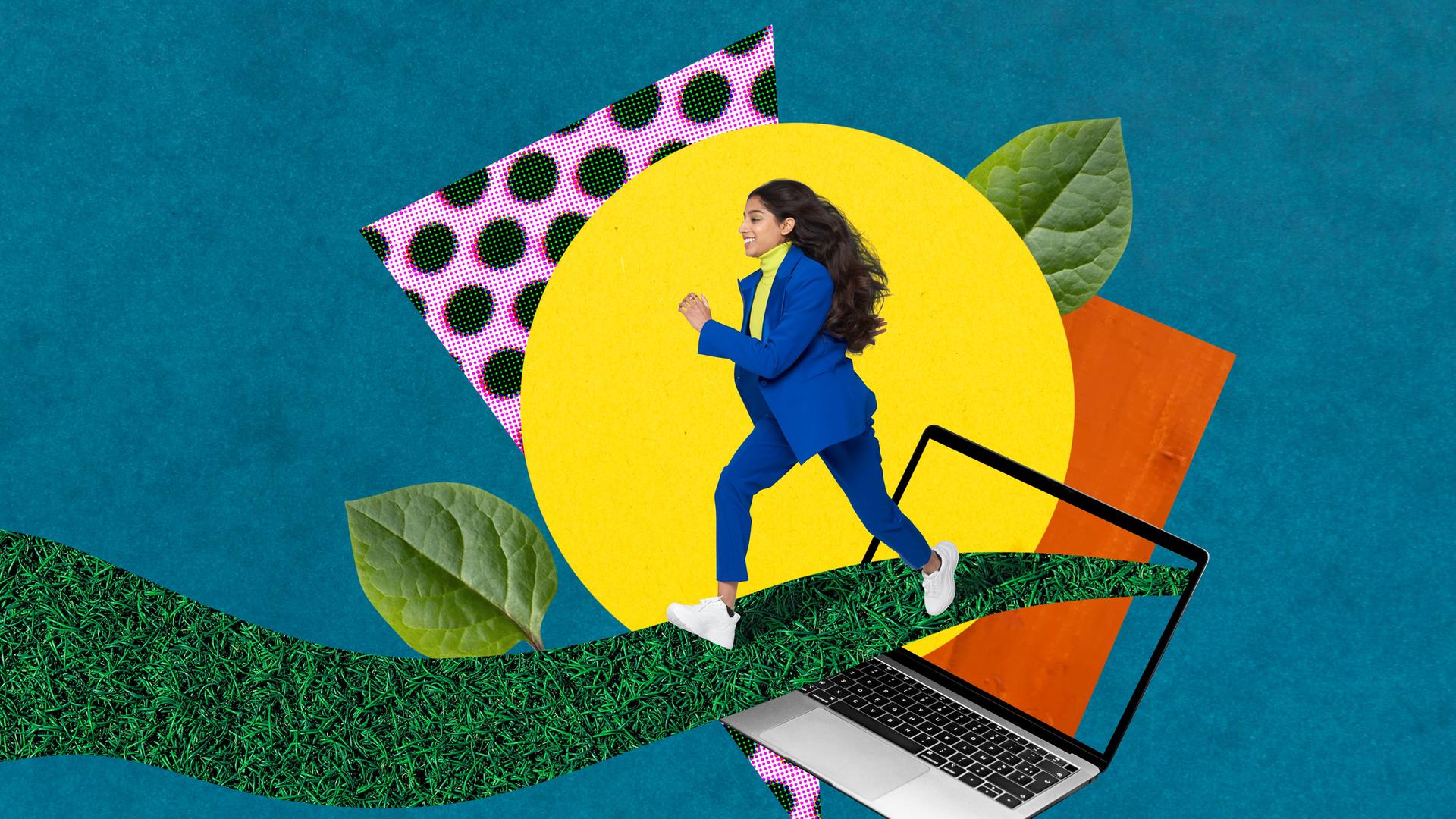 Illustrative Collage zeigt eine moderne Business Frau, die mit positiver Energie aus einem Computer auf eine grüne Wiese läuft. Illustrative Collage zeigt eine moderne Business Frau, die mit positiver Energie aus einem Computer auf eine grüne Wiese läuft.