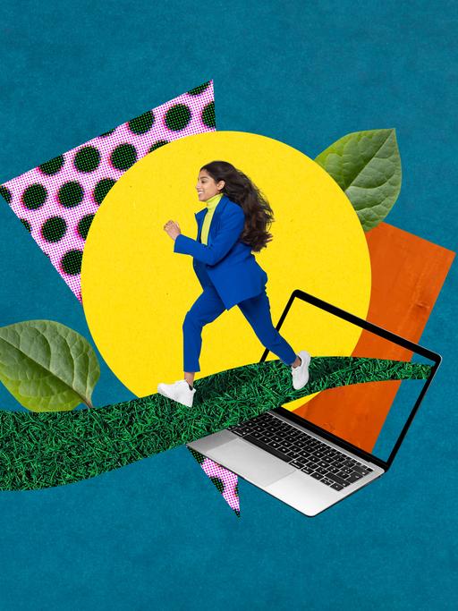 Illustrative Collage zeigt eine  moderne Business Frau, die mit positiver Energie aus einem Computer auf eine grüne Wiese läuft. 