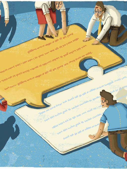 Illustration von Menschen die Sprechblasen verbinden, die aussehen wie Puzzleteile.