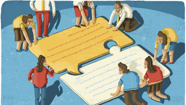 Illustration von Menschen die Sprechblasen verbinden, die aussehen wie Puzzleteile.