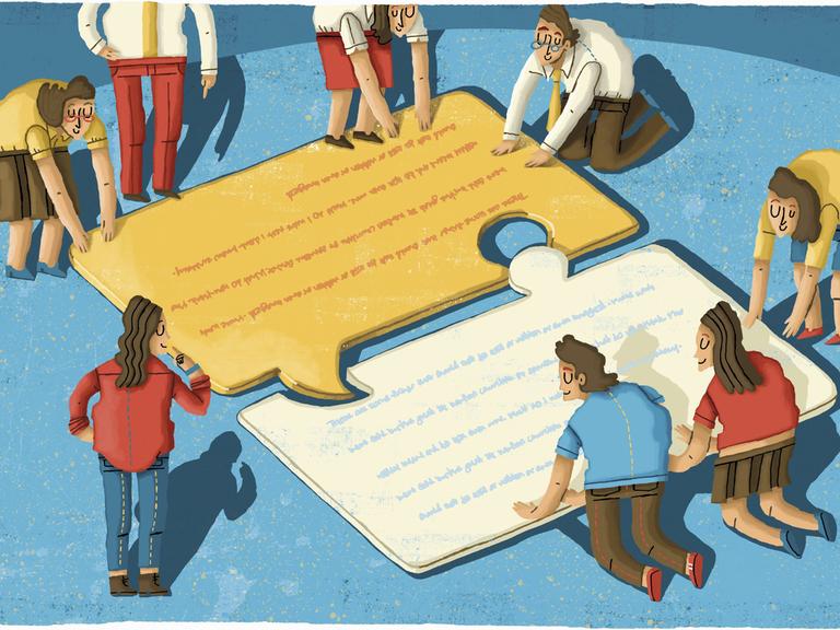 Illustration von Menschen die Sprechblasen verbinden, die aussehen wie Puzzleteile.